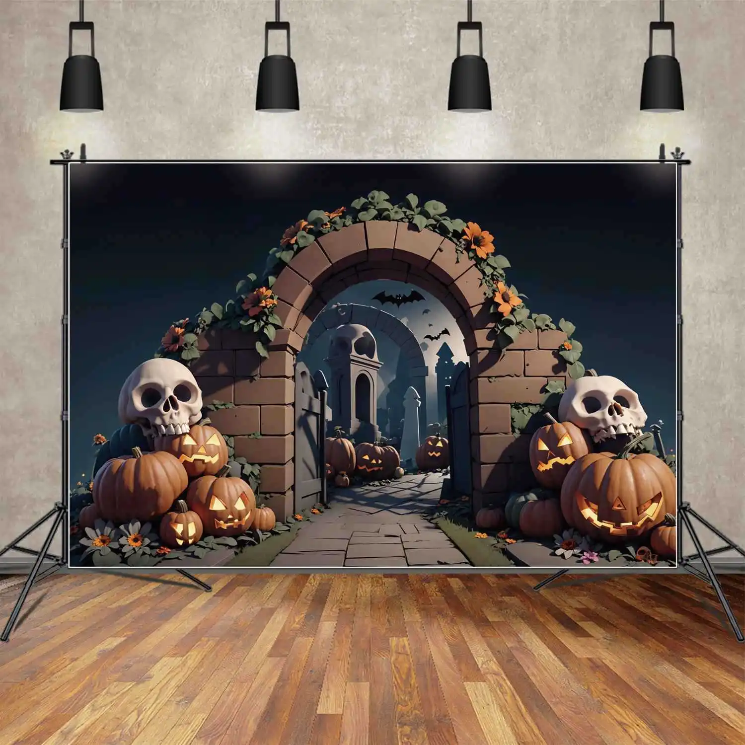 

MOON.QG Photography Backdrop Halloween Night Cemetery Archway Pumpkin Lantern Photo Background Custom Baby Photographic Props