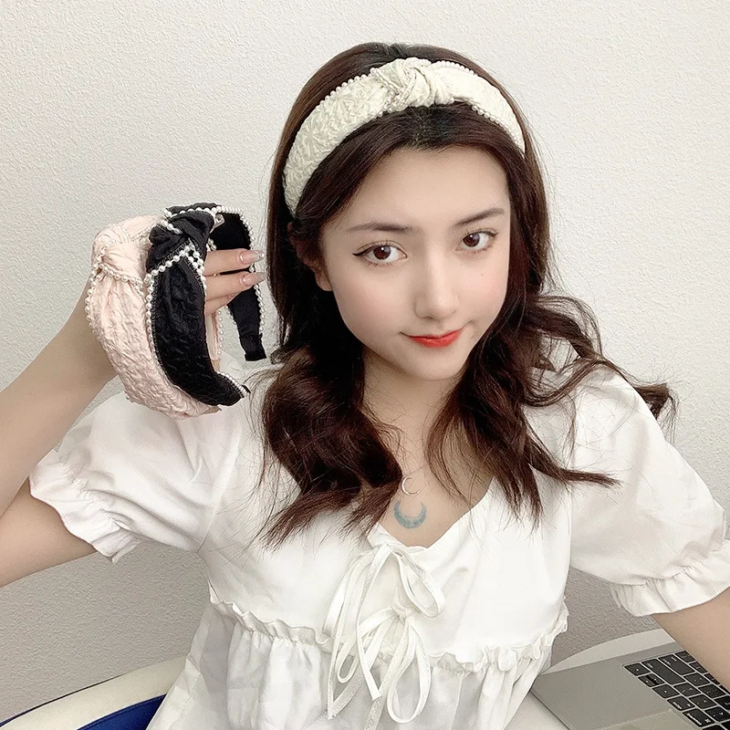 

Модные широкие тканевые аксессуары для волос, Женская повязка для волос с жемчугом, однотонная Милая повязка на голову, тюрбан, головной убо...