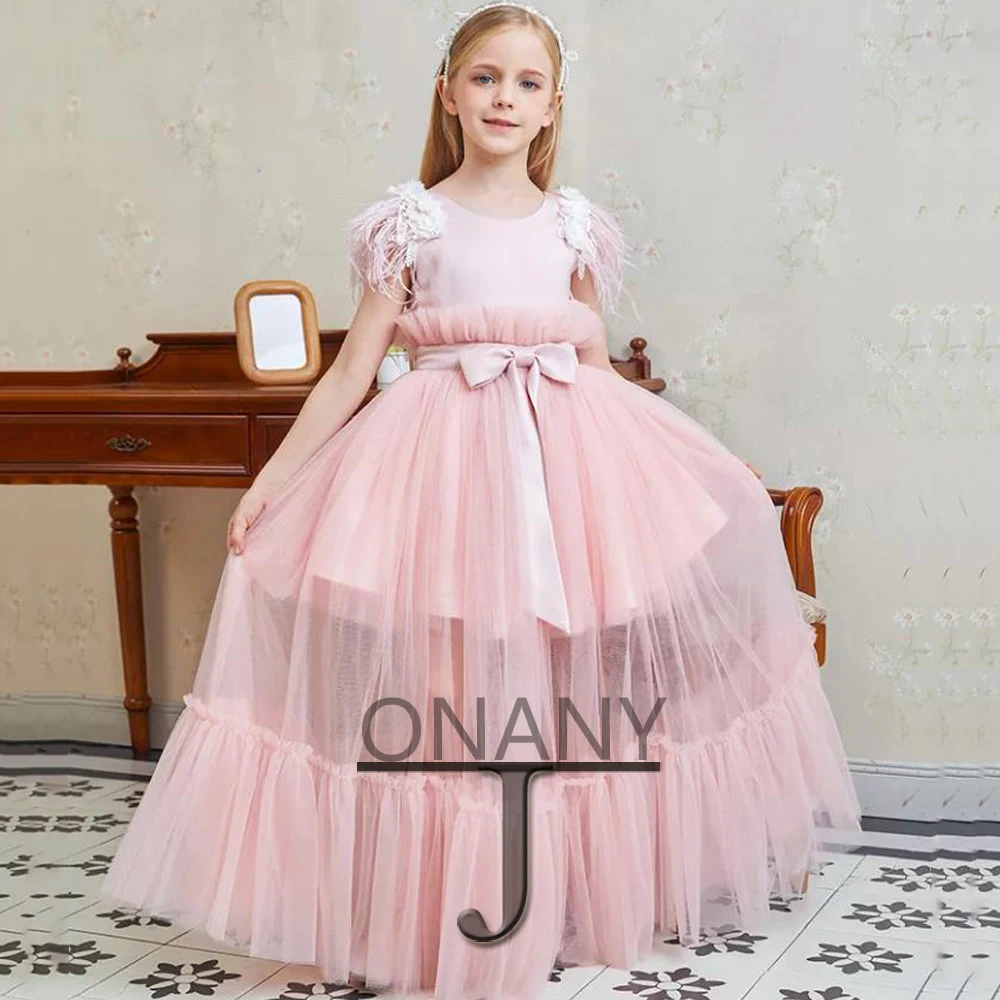 Розовое милое Цветочное платье JONANY для девочек, плиссированное платье с перьями, Прямая поставка, детское платье для первого причастия, красивое платье для вечеринки, платье с вырезом