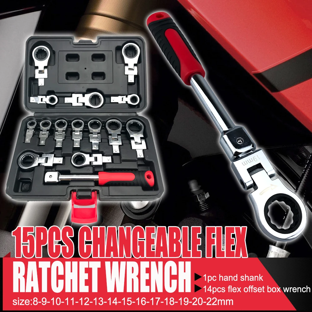 15-piece Set Ratchet Wrench Tool 180° Adjustable Removable Spanner Interchangeabl Vehicle Repair Tool Combination Box-packed Set