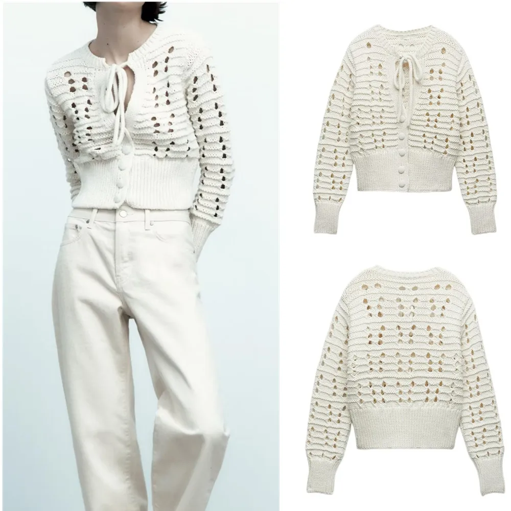 

COS LRIS 2023 spring and summer fashion new women's bow tie tie hollow knitted long-sleeved temperament sweater 3859006