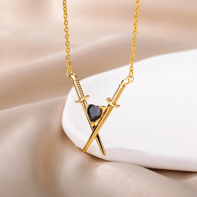 Crossed Swords and Onyx Heart Choker Necklace for Women Fashion Ladies Diamond Pendant Necklaces Stainless Steel Jewelry Gift |