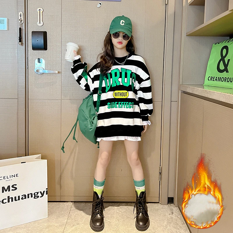 

Kids Clothes Girl Fleece Long Tops 8 10 12 years Striped Letter Print Fashion Casual Teen Girl Fall Winter Sweatshirt