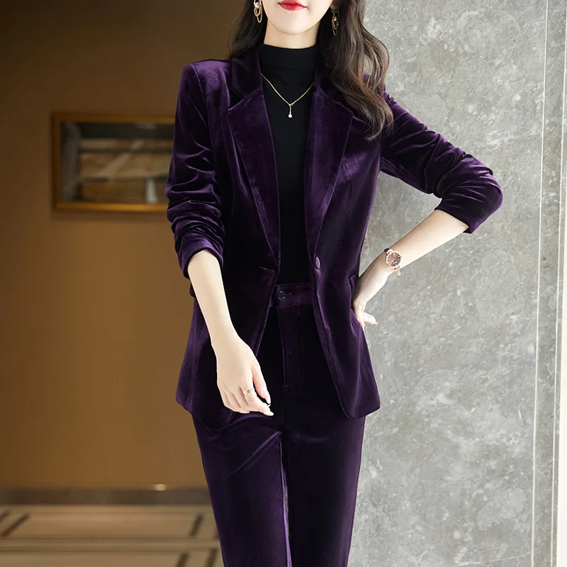 IZICFLY High Quality Velvet Woman Suits With Pant Two Piece Set Ladies Business Blazer and Trouser OL New Styles Work Wear