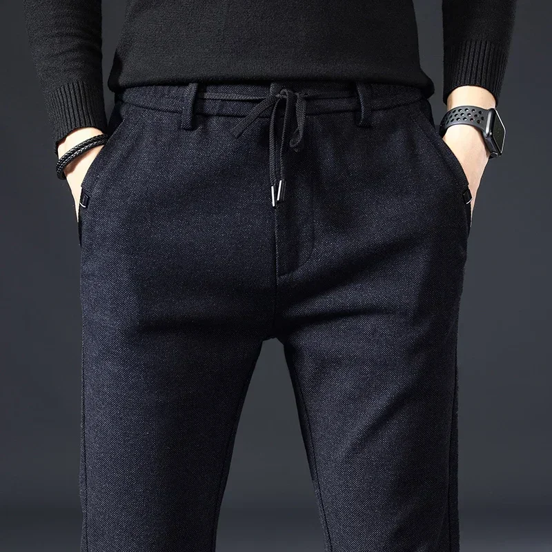 

Брюки мужские с эластичным поясом, повседневные плотные деловые штаны из матовой ткани, облегающие брюки бриллианта черного цвета, Осень-зима