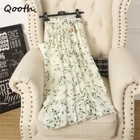 qooth spring summer chiffon mid length floral a line skirt women elegant high waist long printed skirt qt1841