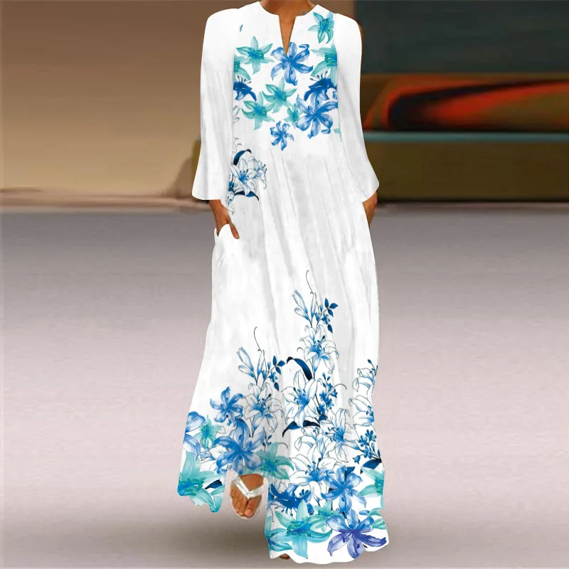 

Spring Party Dress Women Long Sleeve Holiday Beach Casual V Neck White Loose Dresses Woman Elegant Flowers Print Maxi Dress