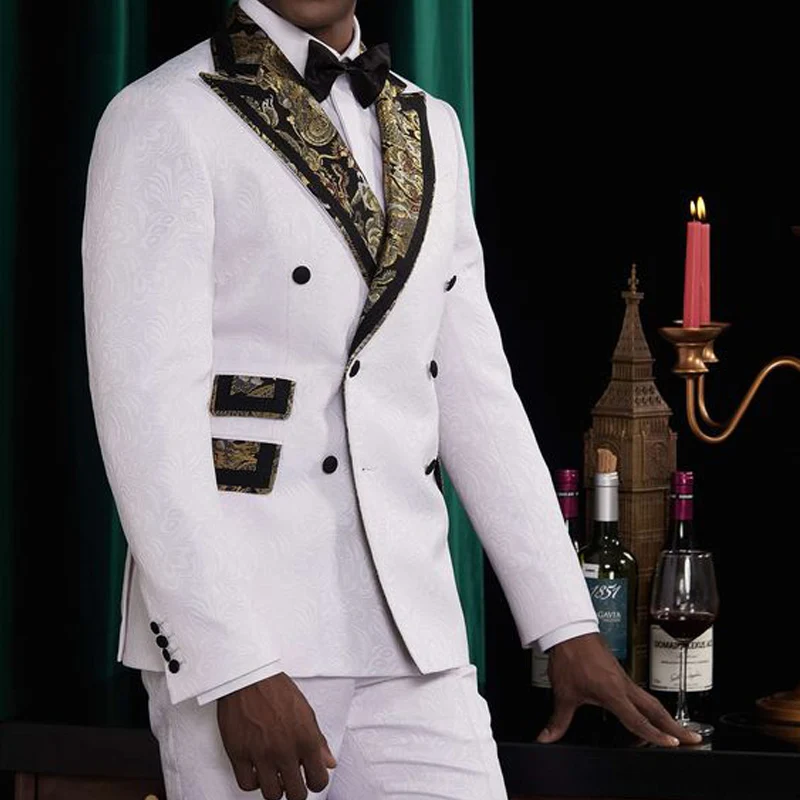 

Мужской Жаккардовый смокинг, белый цветочный костюм с двубортным жаккардовым пиджаком и брюками для свадьбы, 2023