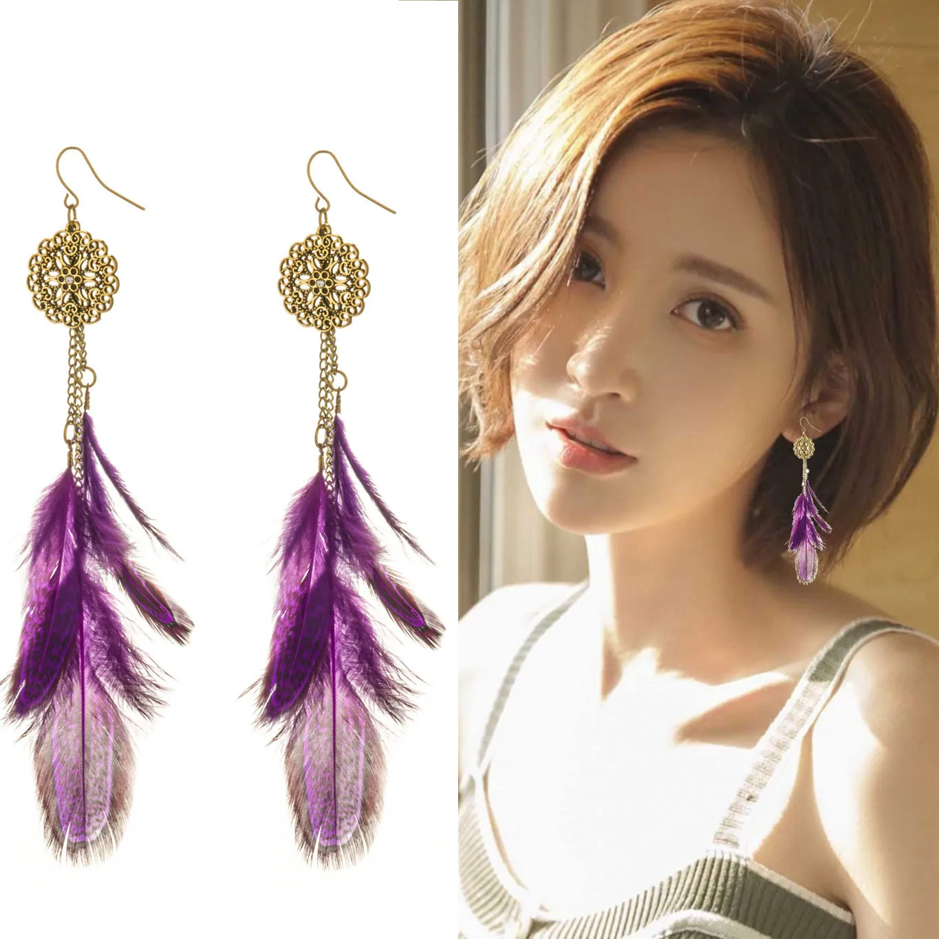 

Purple Feather Chain Tassel Earrings Bohemian Metal Disc Inlaid Cubic Zirconia Dangle Earrings for Women Party Wedding Jewelry