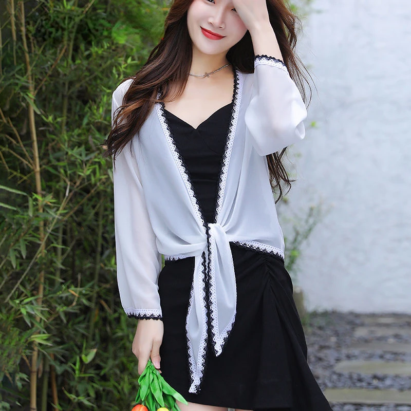 

Summer Short Chiffon Women Long Sleeve Thin Jacket Coat Femme White Elegant Cardigan Korean Style Sun Protection Clothing E64