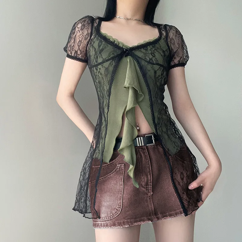 

Auyiufar Lace Y2k Grunge Fairycore Women Cardigans Vintage Short Sleeve See Through Blouses Streetwear Summer Black Casual Shirt