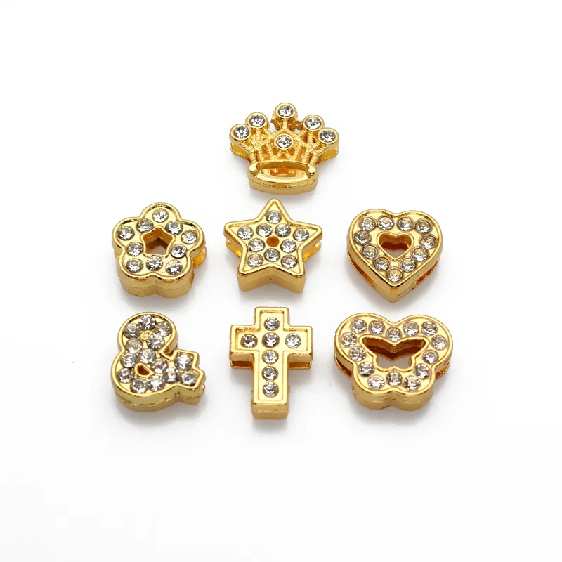 

10PC/lot 8MM rhinestones gold color heart crown butterfly cross Slide Charm For 8mm DIY Bracelet Wristband Jewelrys Making