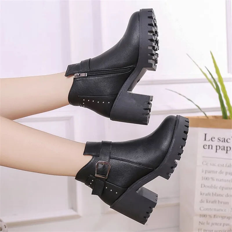 

2022 Winter Casual Fashion Women Ankle Boots Waterproof Anti-slip Wear-resistant High Heels Ankle Shoes Botas Patent Botas Muje