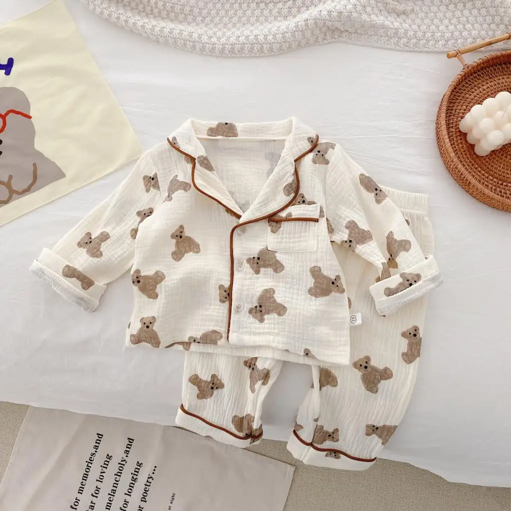 

2022 Spring Autumn Kids Pajamas Set Boys Girls Cartoon Bear Home Clothes Suit Korean Baby Soft Cotton Linen Sleepwear Clothing
