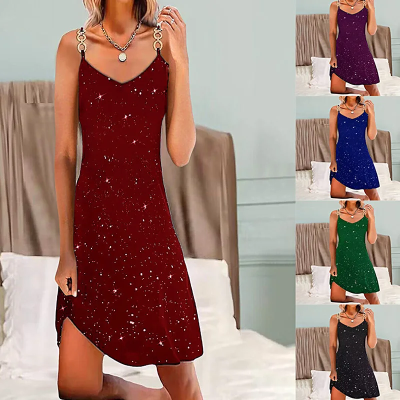 

Women Knee-Length Sling Dress Sequin Decoration Party Dresses Solid Color V Neck Skirt Sleeveless Bling Elegant S-3XL