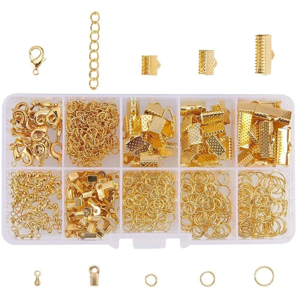

About 440 Pcs Jewelry Finding Kits with Ribbon Clamp End Jump Ring Fold Over Cord Ends Lobster Claw Clasps for Jewelry Making