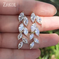 zakol fashion marquise cut white aaa cz zircon crystal drop earrings for women gold color leaf wedding jewelry fsep512
