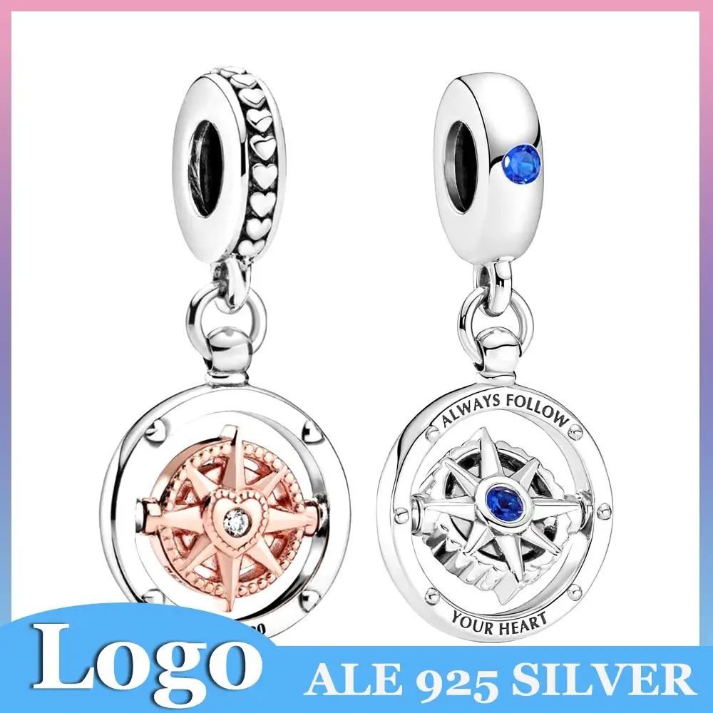 

S925 Logo Sterling Silver Spinning Compass Dangle Bead Fit Pandora European Charms Bracelet Bangles DIY Jewelry