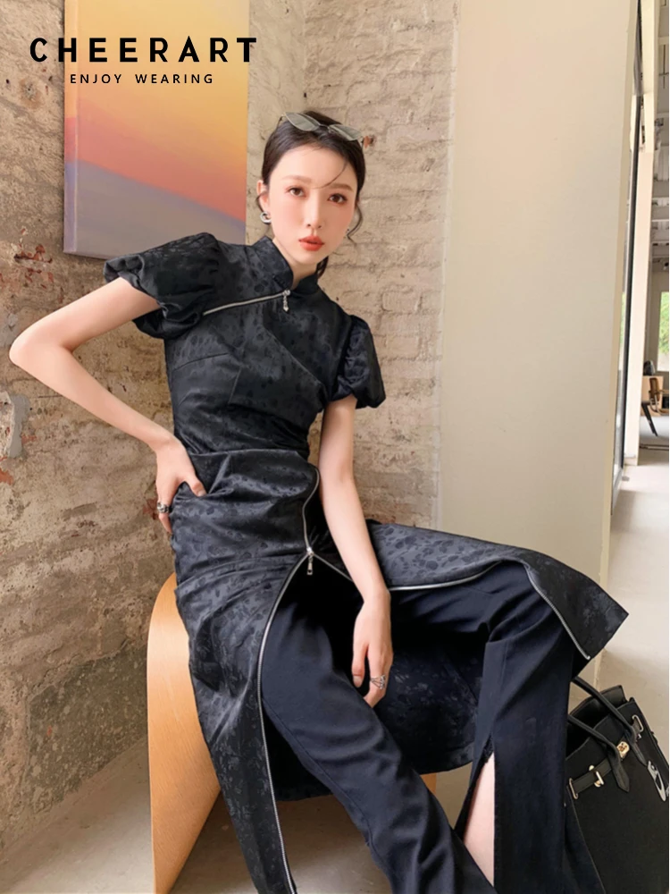 

CHEERART Vintage Black Cheongsam Qipao Dress Women Summer Short Sleeve Zipper Puff Sleeve Bodycon Long Dress Designer Clothing