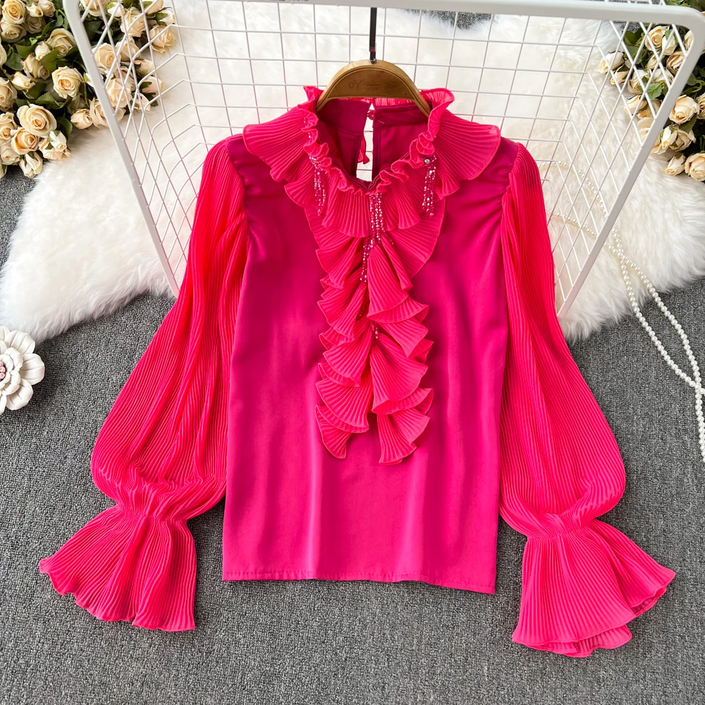 

Autumn Winter Super Fairy Loose Horn Long Sleeve Pleated Agaric Edge Stand Collar Pullover Shirt Casual Blouse