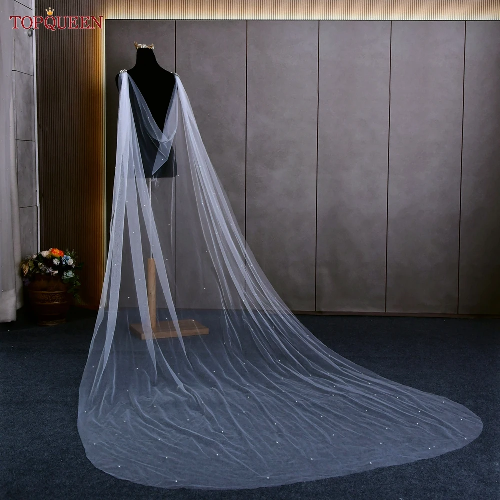 TOPQUEEN G64 Wedding Long Bridal Veils Bolero Jacket Trailing Pearl Cape Veil Cathedral Long Bridal Wrap with Beaded Pins