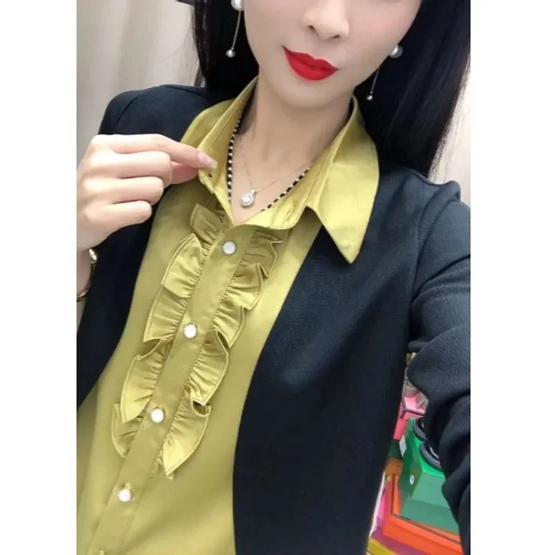 Весенне-осенний женский модный лоскутный топ элитная женская свободная рубашка