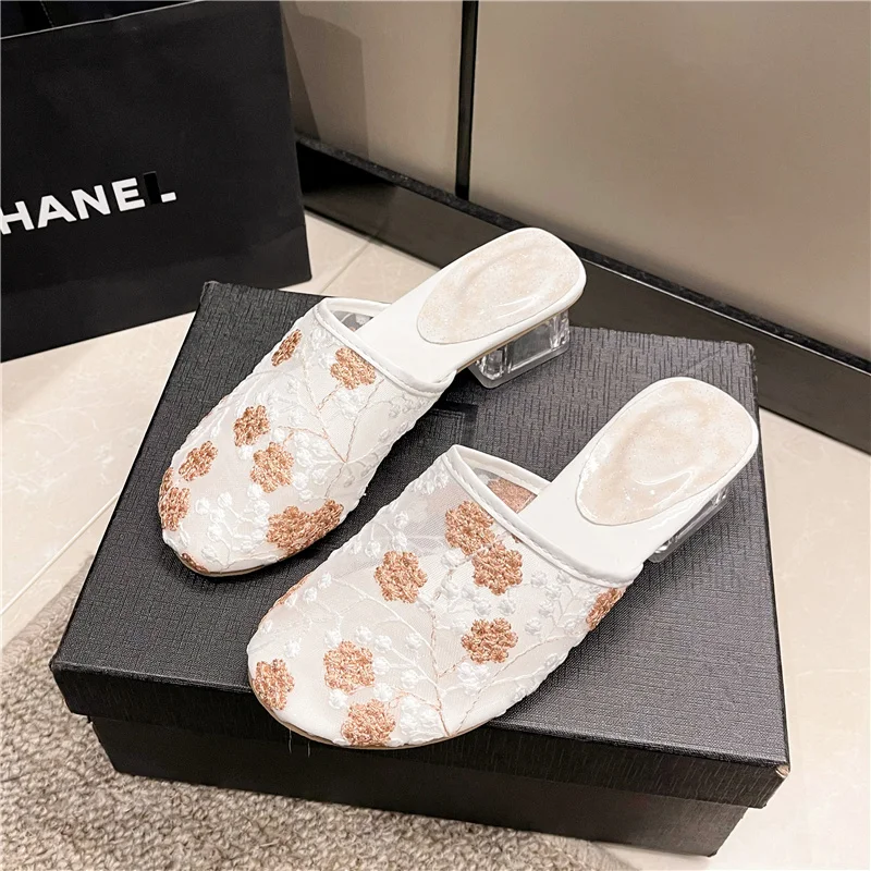 

2023 New Women's Shoes Mesh Faced Women's Single Shoe Trend Fashion High Heel Women's Shoes Square Heel Round Toe Shoes