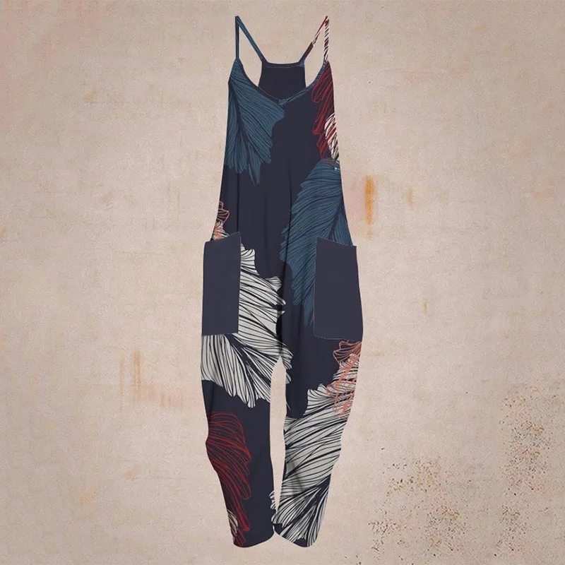 

Print Suspender Jumpsuit Women Fashion High Waist Sport Straight Jumpsuit Ladies Pocket Casual Loose Overalls Sleeveless Rompers