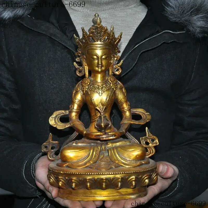 

11" Tibetan Buddhist Bronze Gilding amitayus Longevity Goddess Long Service Life Buddha Statue