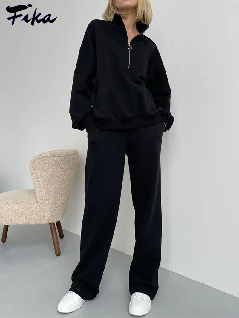 2022 Women New Autumn Winter Casual Solid Long Sleeve Zip Top High Waist Wide Leg Trousers Two Pieces Set Oversized Tracksuits