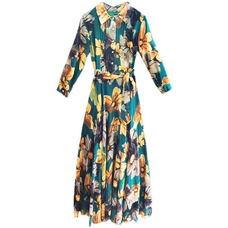 Muslim Women Maxi Floral Chiffon Dress Autumn Long Sleeve Runway Elegant Vintage Korean Long Dresses party Night  muslim dress