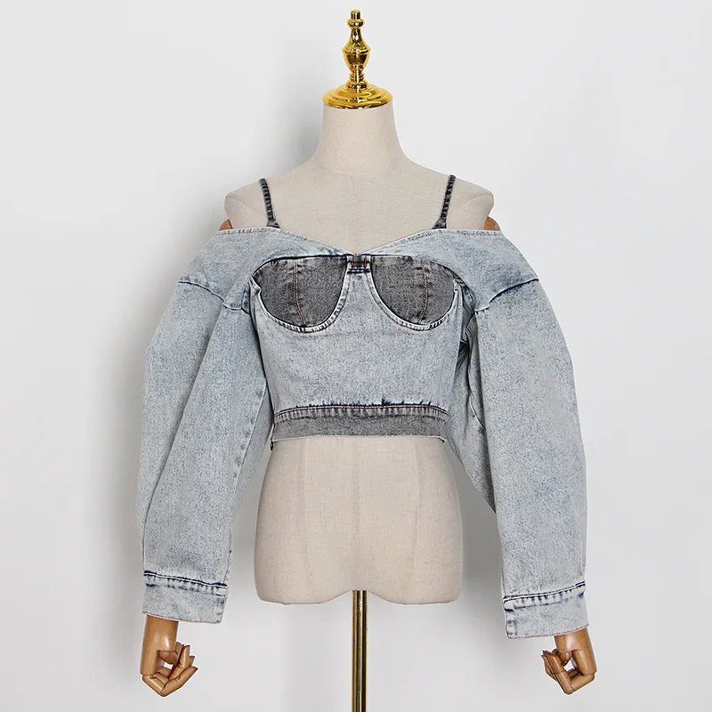 

2022 Autumn New Fashion Sexy Shoes Long-sleeved Stitching Color Short Denim Jacket Female