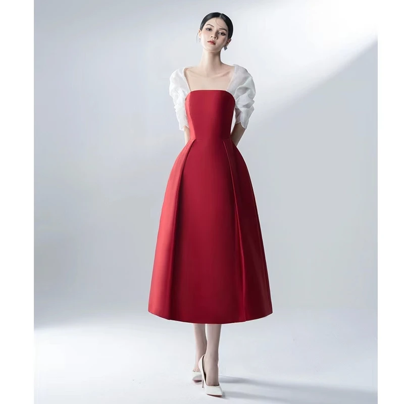 VANOVICH Design Summer New High Waist Fit and Flare Pleated Puff Sleeve A-line Dress Contrast Color Slash Neck Mid-Calf Dress