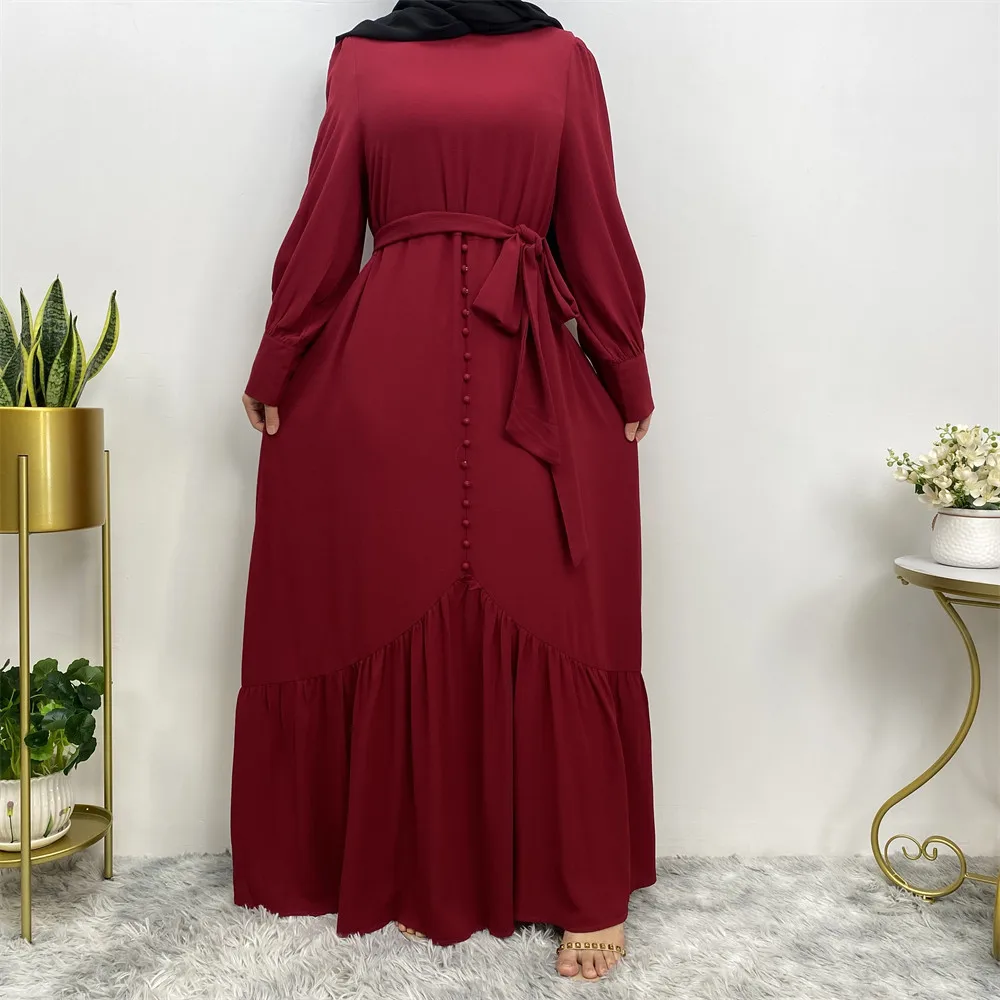 

Modest Abaya Muslim Women Belted Dress Dubai Turkey Kaftan Arab Robe Islamic Clothing Eid Ramadan Mubarak Djellaba Gown Caftan