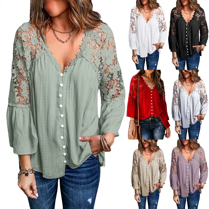 

lace blusas summer Top female women shirts Women's white shirt Blouses tops flare Long sleeve Chic hollow out woman blouse