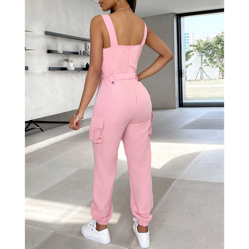 Летний женский дизайнерский комбинезон с карманами без рукавов манжетами и