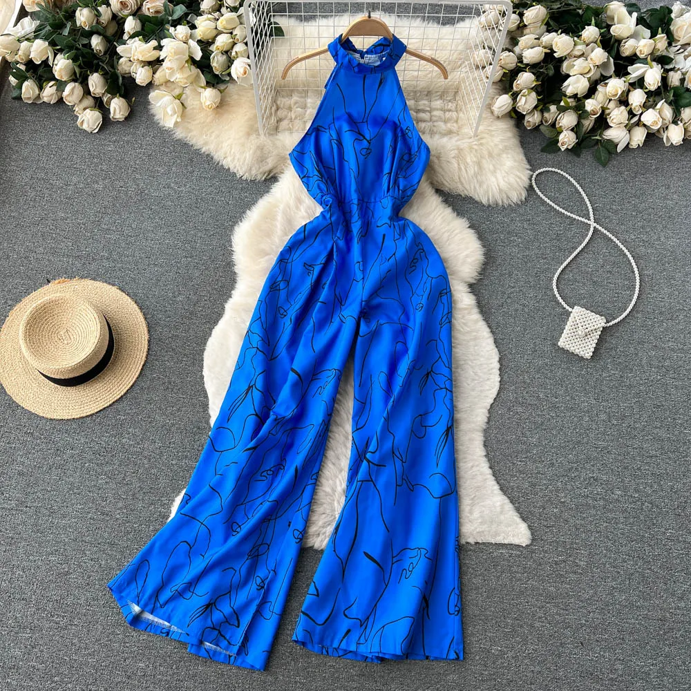 

The New European and American Style Senior Sense of French Temperament Goddess Hanging Neck Printed Wide Leg Jumpsuit
