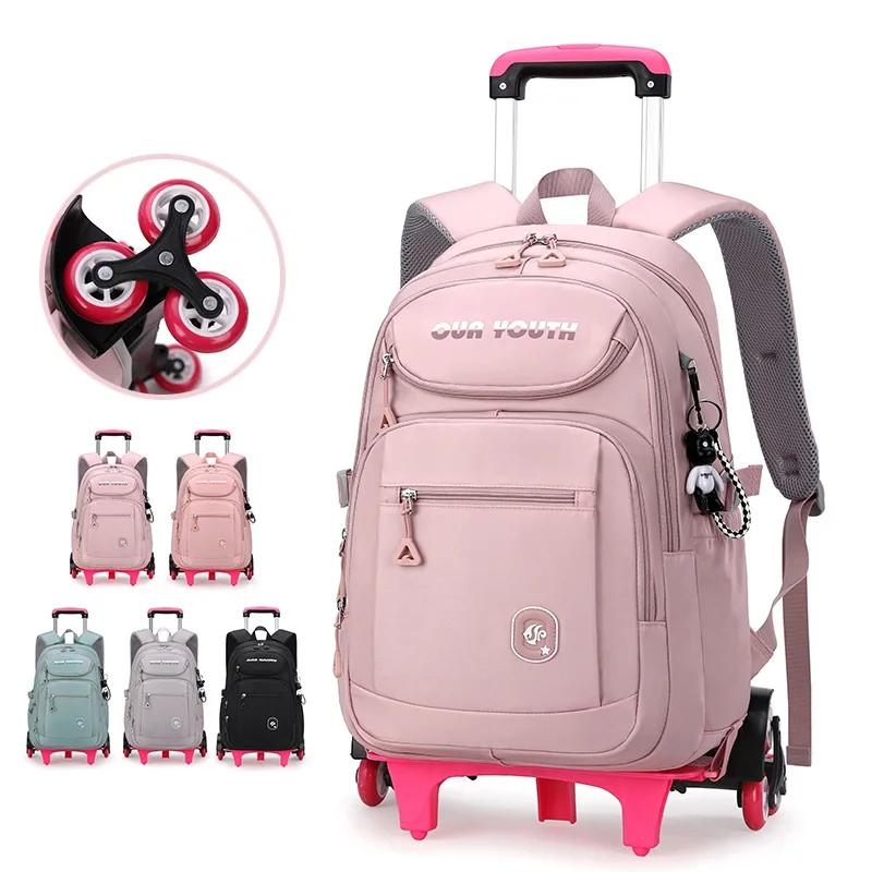 Водонепроницаемый рюкзак на колесиках для девочек, рюкзак для начальной и средней школы, сумка на колесиках для школы