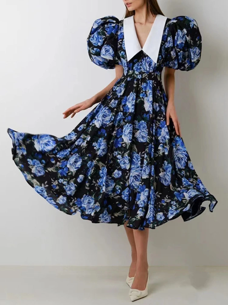 2023 Summer New In Large Bubble Sleeve Lapel Floral Print Dress with Waist Belt Vintage Niche Design Shirt Dress French Style