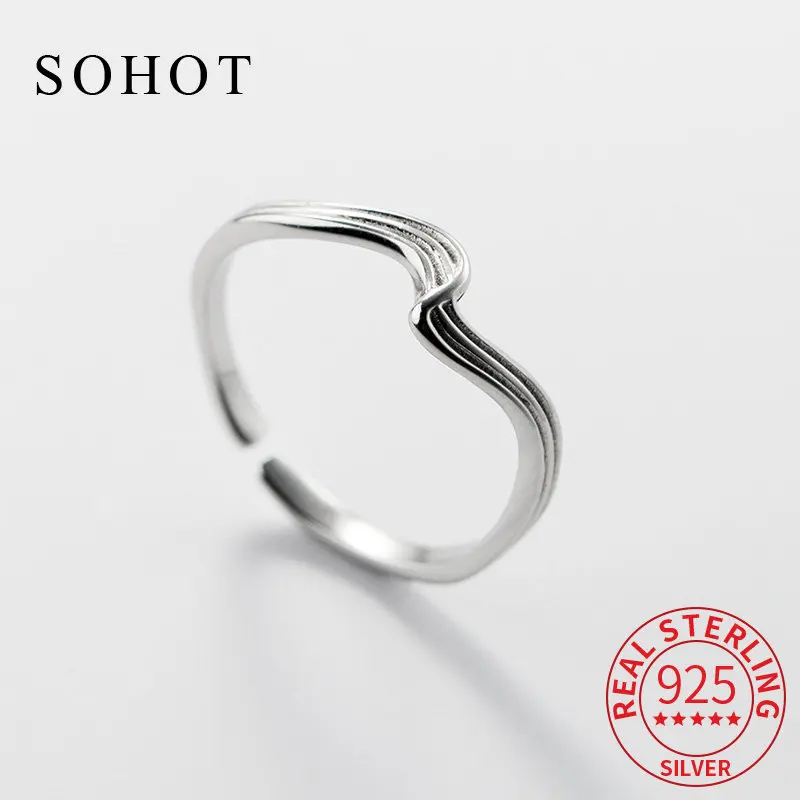 

Real 925 Sterling Silver Wave V Adjustable Ring For Fashion Men Women Fine Jewelry Minimalist Bijoux In Summer