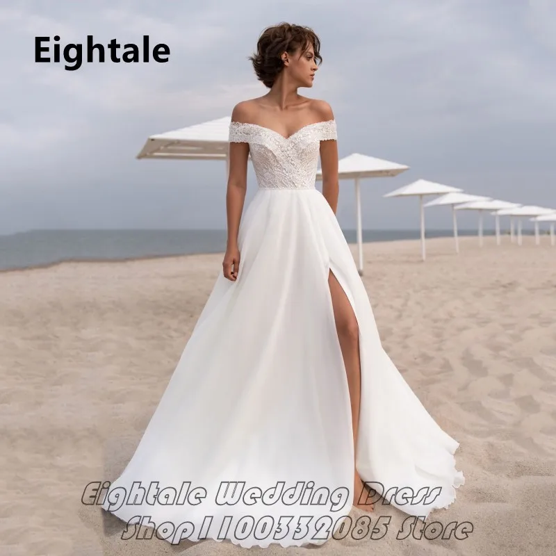 

Eightale Sexy Side Slit Summer Beach Wedding Dress 2022 Off Shoulder Chiffon Boho Bride Gown With Appliques Vestido de novia