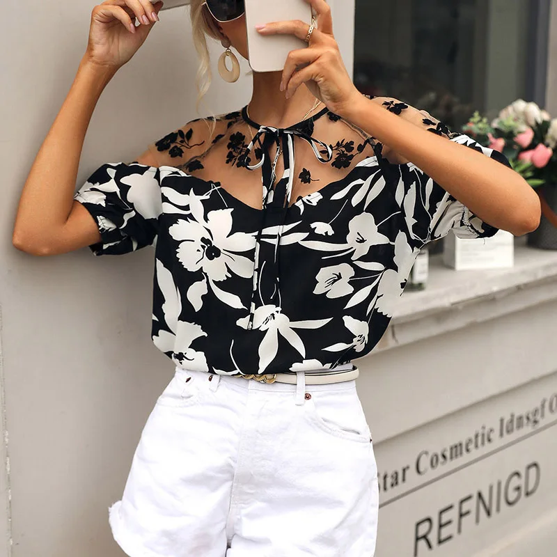 Кружевные летние блузки повседневные Модные женские с длинным рукавом и принтом