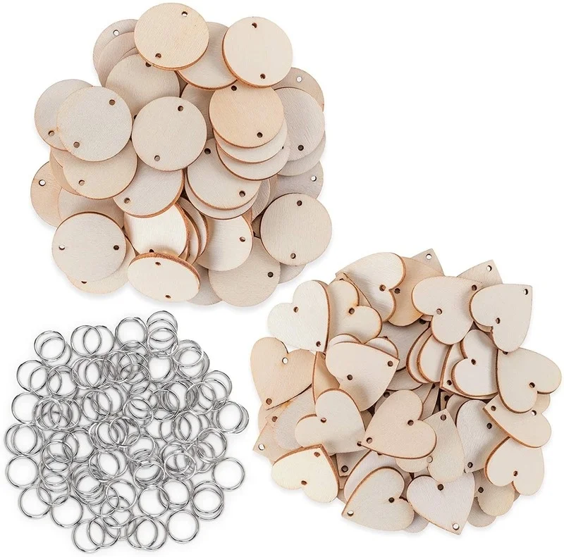 

25 Pieces Mini Wood Craft Set with Holes and Ring Clips for Birthday Board Tags Homemade Valentines DIY Gifts Arts & Crafts 1.2"