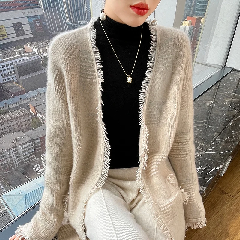 Повседневный свободный кашемировый вязаный женский кардиган свитер с V-образным