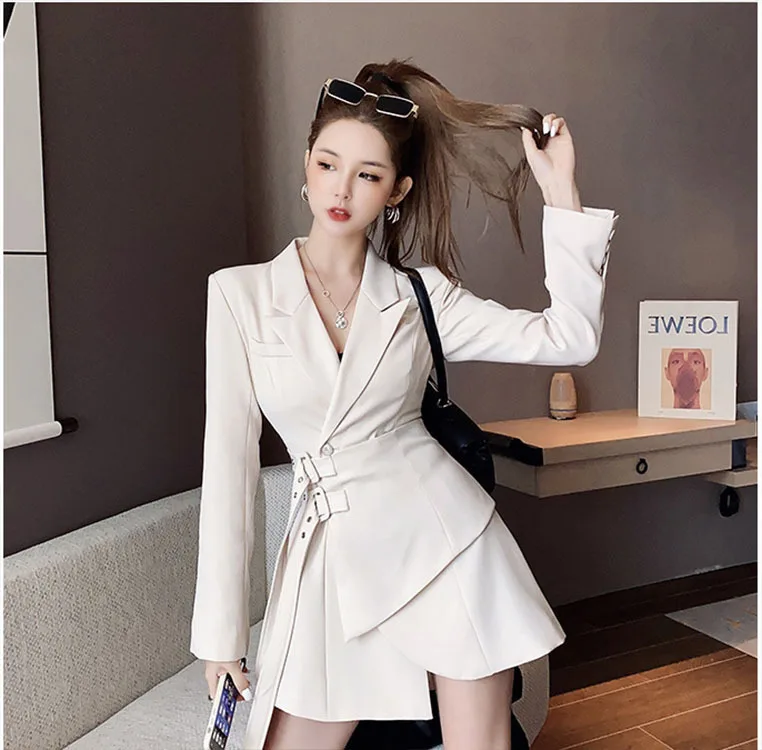 

Elegant Soild Dress Female Korean Sashes Long Sleeve One-piece Dress Office Lady Fall Winter 2021 Women Blazer Mini Party Dress