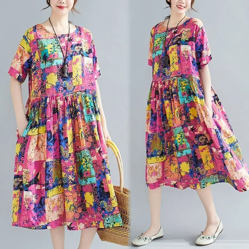 

2023 цветочные шелковые фольклорные платья средней длины, летнее свободное платье для женщин среднего и пожилого возраста, элегантное облега...