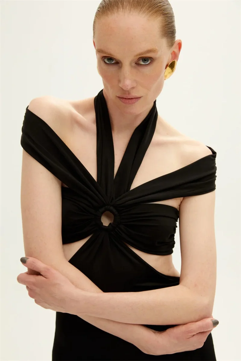 Сексуальное черное Бандажное платье для выпускного вечера с лямкой на шее полый