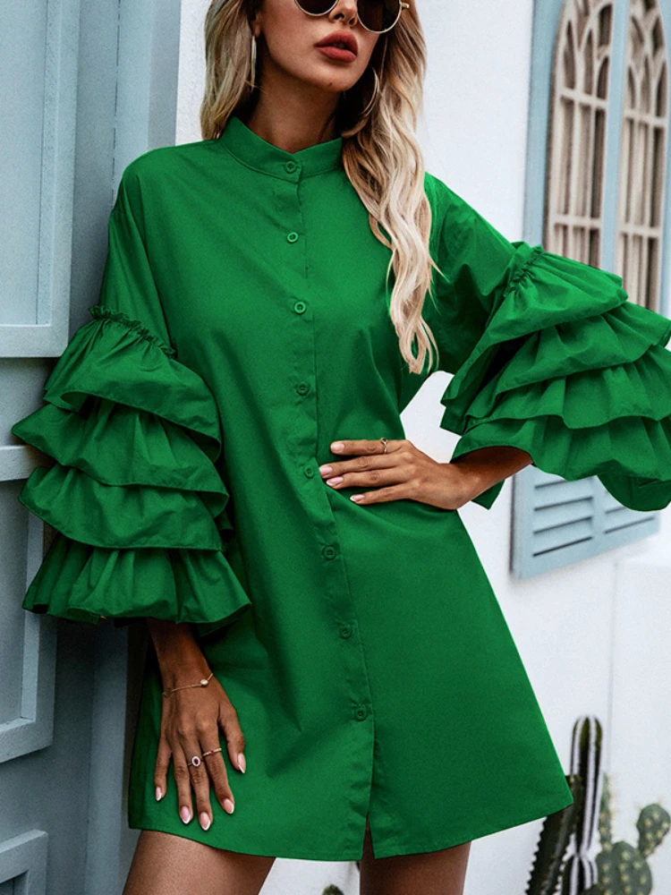 

Женское платье-рубашка на пуговицах, свободное однотонное платье в стиле панк с оборками и рукавами-фонариками, лето 2022