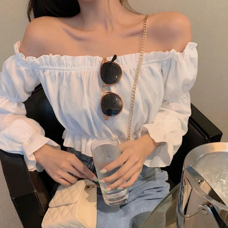 

Women Sexy Top Blouse Off Shoulder Top Long Sleeve Club Party White Shirt Puff Sleeve Ruffle Tunic Crop Top Summer Tube Top