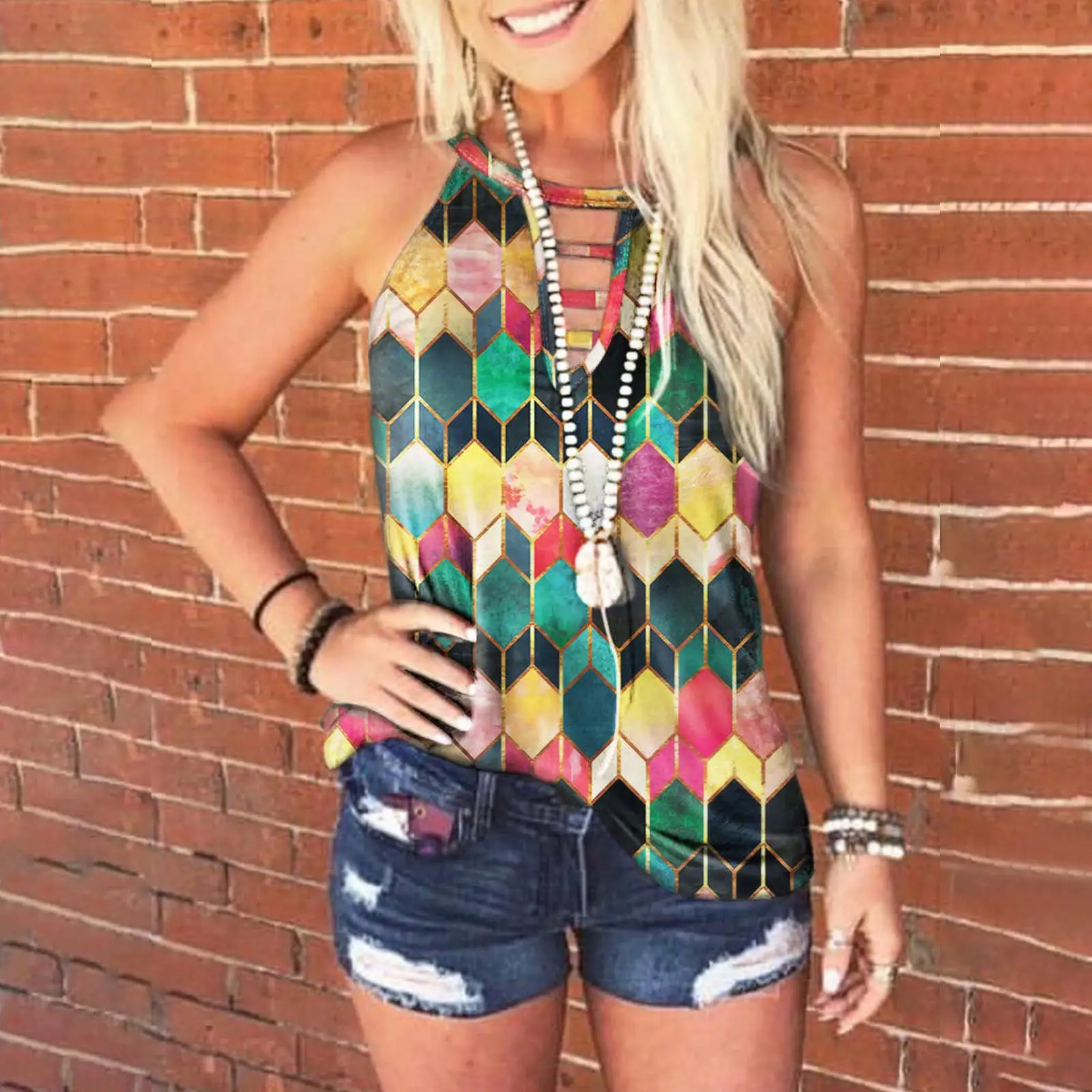 

Summer 2022 Women's New Ringed Digital Fashion Round Neck Vest